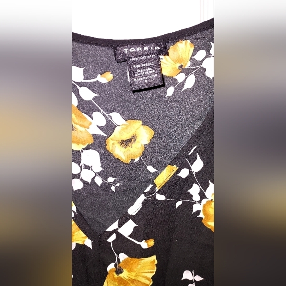 Torrid Black And Yellow Floral Blouse With Bell Sleeves - Picture 2 of 4